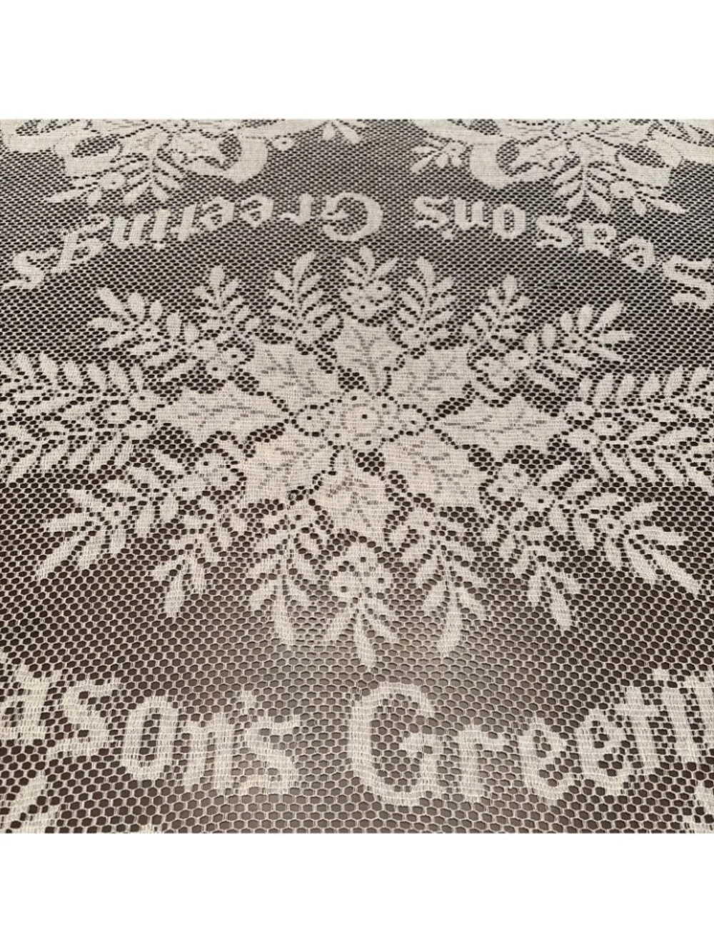 Vintage Christmas Lace Tablecloth Rectangular 108x68” Seasons Greetings Bells